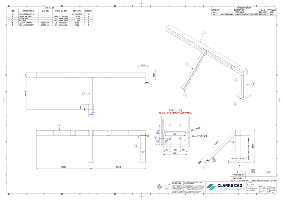 General arrangement drawing sheet showing the beam support and connection detail.
